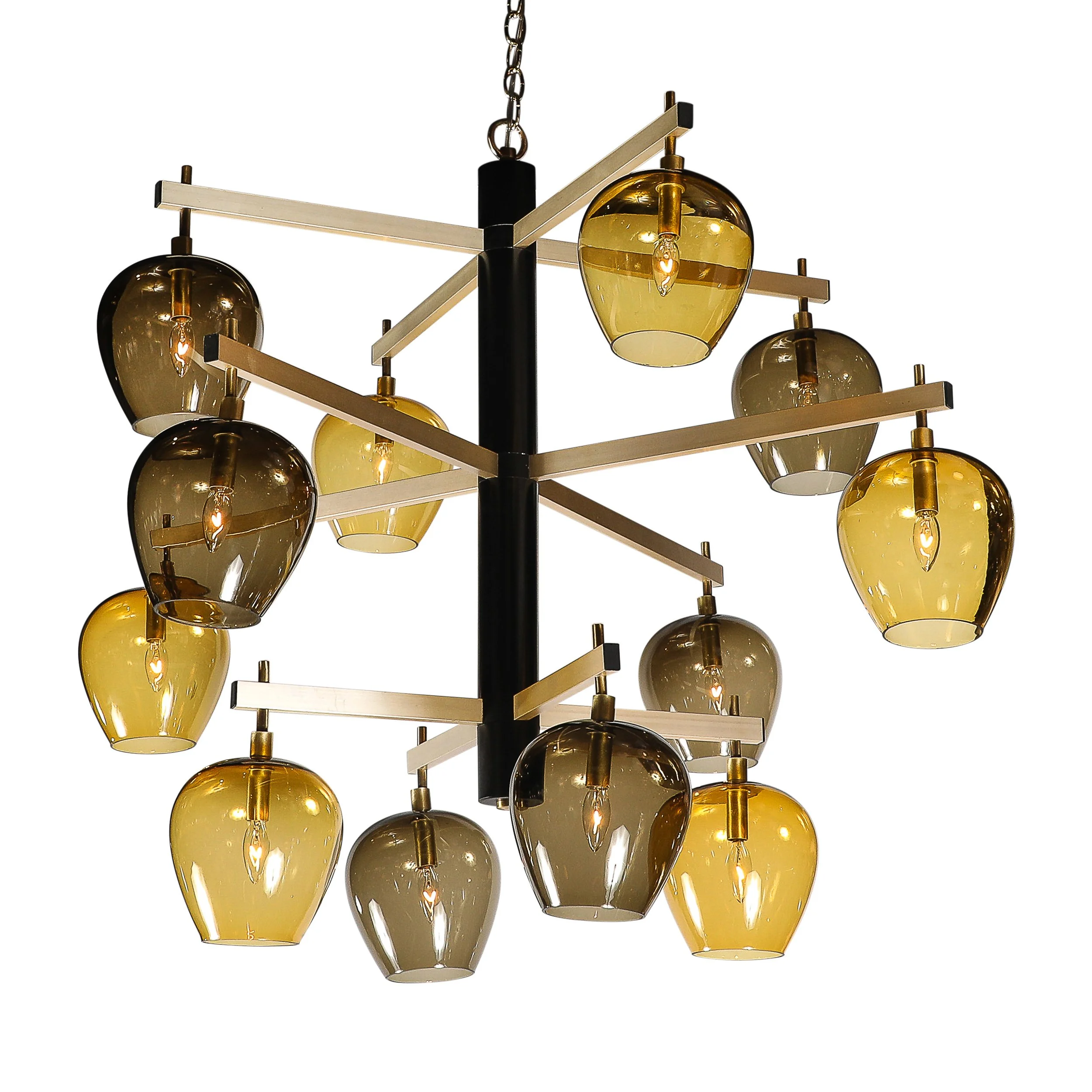 Amber Grass Chandelier 5灯 Mid-Century 3-Tier Chandelier in Amber & Smoked Glass Shades